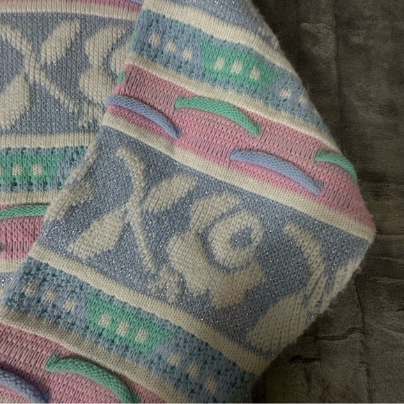 VTG 80s 90s Rose Textured 3D Knit Sweater Wms M NO SIZE TAG USA Pastel Glitter - Picture 4 of 14